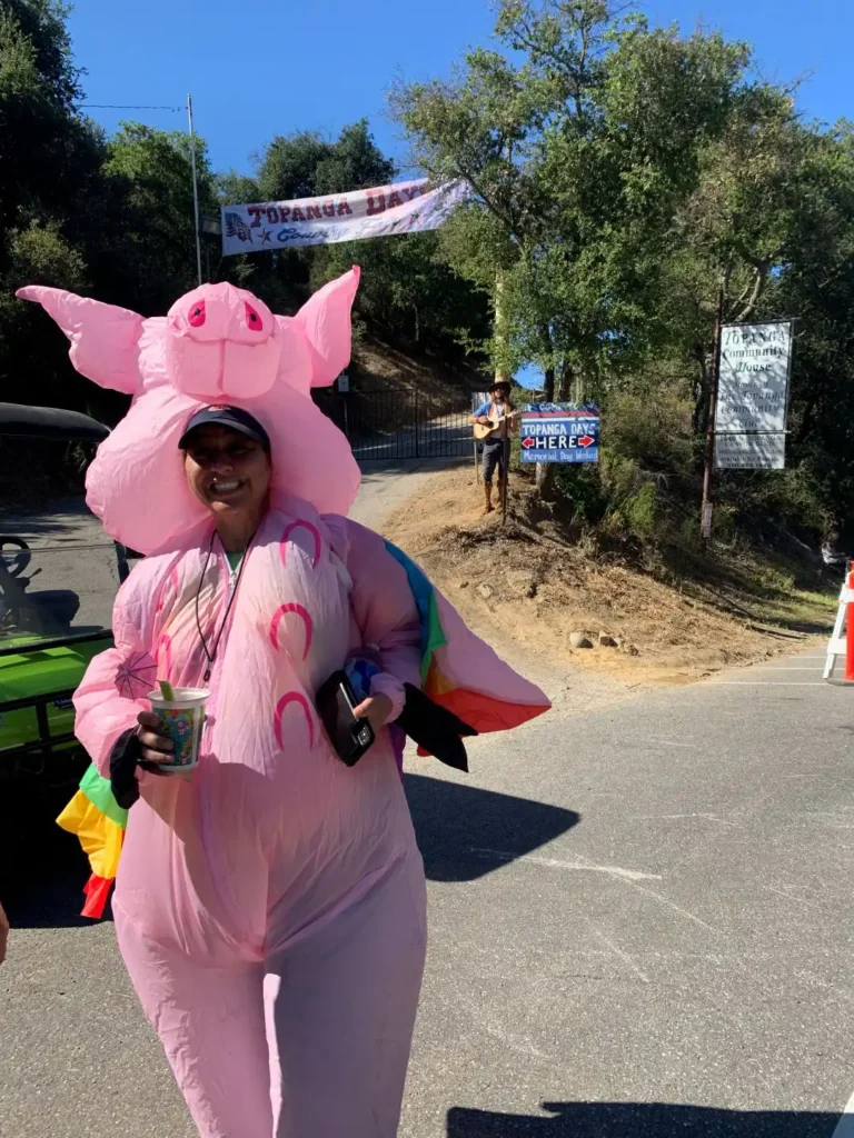 Terri Moriarty at Topanga Days Parade in flying pig costume